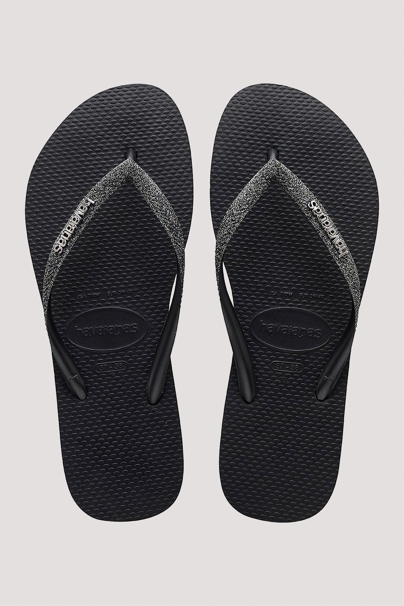 Havaianas Slim Glitter Logo Metallic Black/Dark Grey Jandals